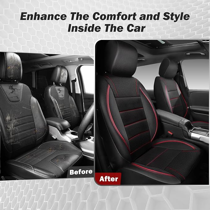 Air Mesh Leather Car Seat Covers Front Seats, Breathable Two Front Seat Covers for Cars, Comfortable Universal Fit for SUV Truck Sedan Automotive, Anti-Slip Airbag Compatible,Black and Red