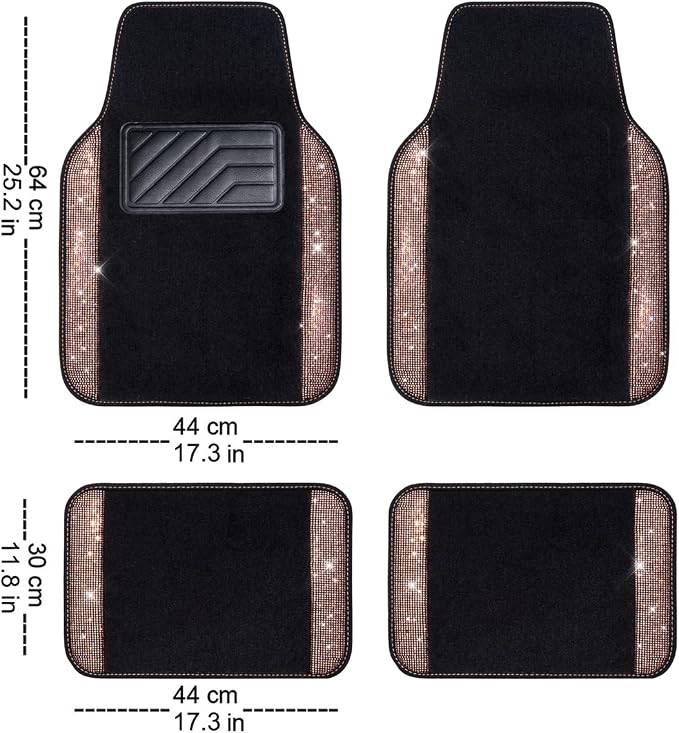 Bling Rhinestone Diamond Car Floor Mat, Crystal Sparkly Shining Glitter Carpet Waterproof Anti-Slip PVC Heel Pad, Universal for Interior Auto SUV,Sedan,Van,4pcs Girl Women Men, Champagne Gold