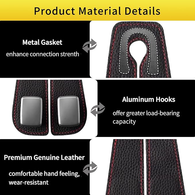 Car Purse Hook, Genuine Leather Car Seat Back Storage Hook, Purse Hook for Car Headrest, Twin Hook Leather Car Headrest Hangers, Bag Hook for Car, Trucks, SUVs, Most Vehicles (Black-2 PCS)