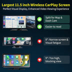 11.5 '' Wireless CarPlay Screen for Car, A-pple CarPlay & Android Auto HD Touchscreen with 4K Dash Cam/1080P Backup Camera/Navigation/Bluetooth/Voice Control/FM/Mirror Link,for All Vehicles