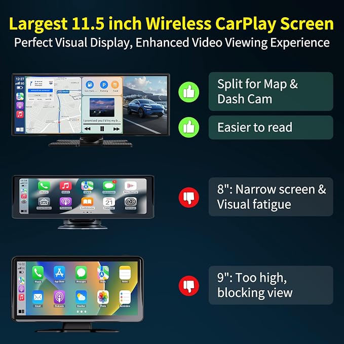 11.5 '' Wireless CarPlay Screen for Car, A-pple CarPlay & Android Auto HD Touchscreen with 4K Dash Cam/1080P Backup Camera/Navigation/Bluetooth/Voice Control/FM/Mirror Link,for All Vehicles