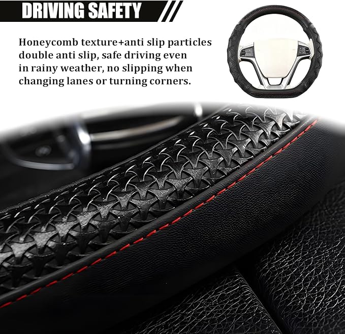 D-Shaped Car Steering Wheel Cover, 14.5-15" Anti-Slip Steering Wheel Protector with 3D Honeycomb Massage Grip, Comfortable Sporty Auto Interior Decor Accessories, Universal Fit (Black)