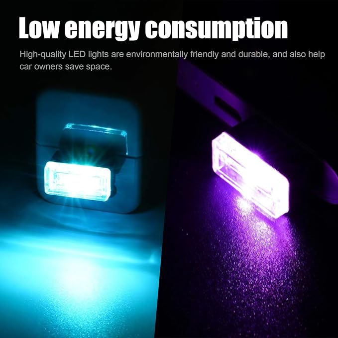 4 PCS USB LED Car Interior Atmosphere Lamp, Portable Mini LED Night Light, Plug-in USB Interface Trunk Ambient Lighting Kit, Universal Interior Accessories (Ice Blue+Purple)