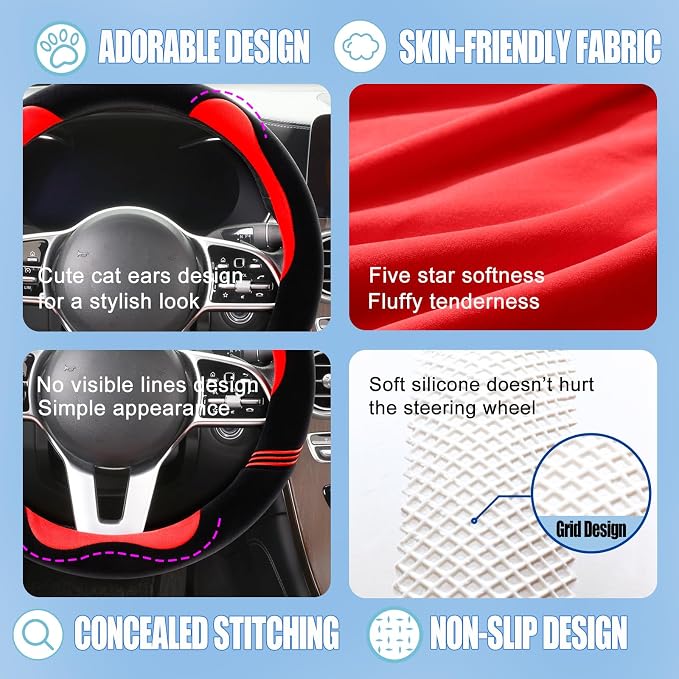 Furry Cute Soft Steering Wheel Cover 14 inch Black with Red | Fluffy Short Plush Car Accessories, Non-Slip Cold-Proof Sweat-Proof Colorfast, Small 13.5 inch to 14 inch