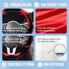 Furry Cute Soft D Shaped Steering Wheel Cover 15 inch Black Red | Fluffy Short Plush Car Accessories, Non-Slip Cold-Proof Sweat-Proof Colorfast, Universal 14.5 inch to 15 inch
