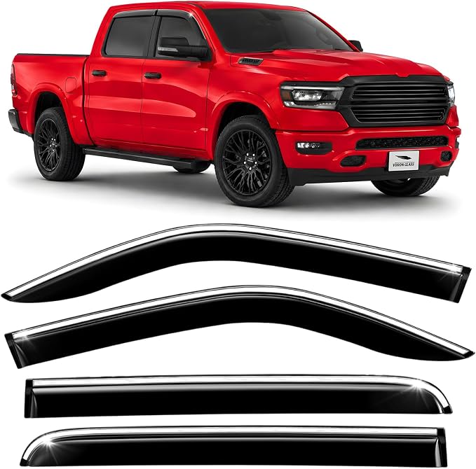 Voron Glass Chrome Trim Tape-on Extra Durable Rain Guards for Dodge Ram 1500 2019-2026 Crew Cab, Window Deflectors, Vent Window Visors, 4 Pieces - 120236