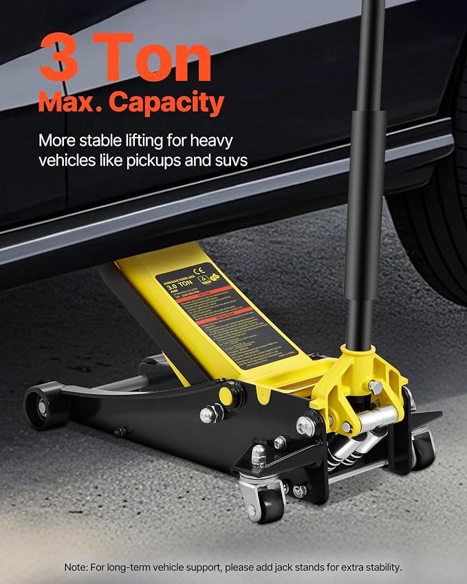 3 Ton Low Profile Floor Jack | Heavy-Duty Racing, Dual Pistons Quick Lift Pump, Lifting Range 3.35"-19.69"