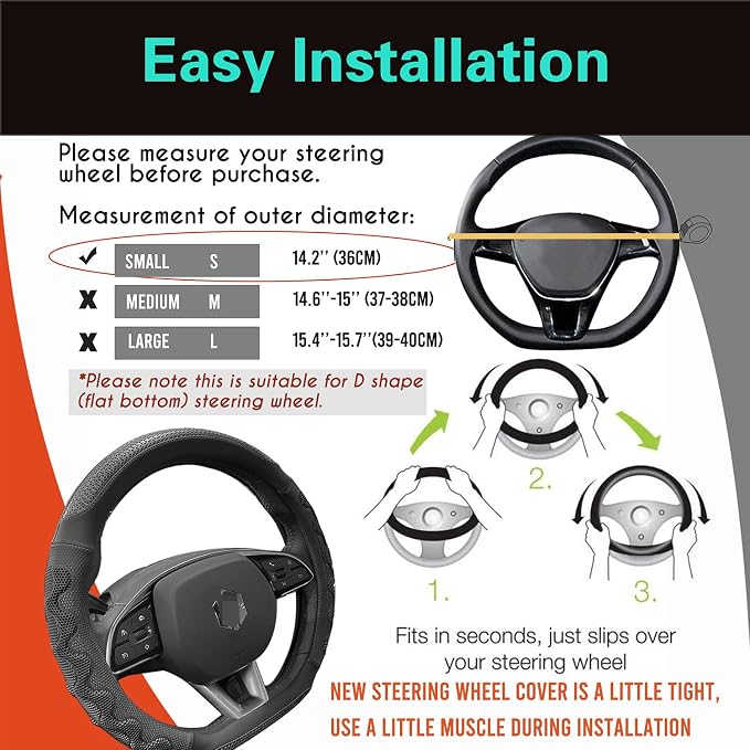 D Shaped 14 Inch Small Sized Steering Wheel Cover Great Grip with 3D Honeycomb Anti-Slip Design, Flat Bottom 14 Inch (All Black)