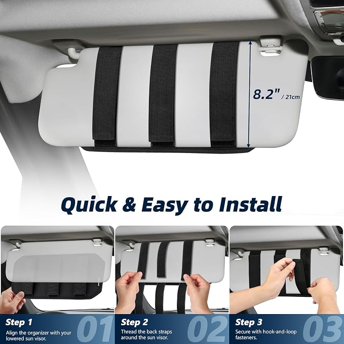 Car Sun Visor Organizer, Molle Car Storage Organizer with Zipper Pouch, Glasses Clip, Adjustable Strap, Semi-Rigid Molle Panel Universal Fit for Most Cars, SUVs, Trucks, Jeeps, Black