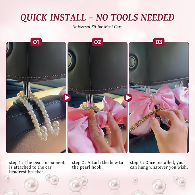 2 PCS Bow Pearl Car Seat Headrest Hook – Cute Purse Hook for Car, Girly Interior Decoration Accessories Hook Hanger, Seatback Holder for Purses & Bags, Elegant Car Organizer (Berry Fuchsia)