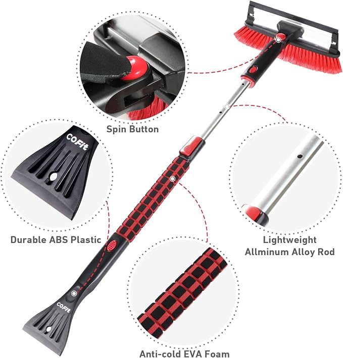 Car Snow Brush with Ice Scraper and Squeegee 3 in 1, 39" Extendable Cleaning Kit Long Handle, Windshield Snow Removal Tool Scratch Free for SUV Truck RV Window Roof Exterior Wash Supplies, Red