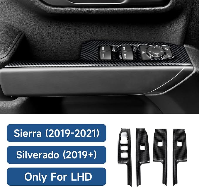 Car Carbon Fiber ABS Window Lift Switch Panel Sticker Cover Interior Trim Decal for 2019-2025 Chevy Silverado | for GMC Sierra 2019-2021 1500 2500 3500 HD Accessories (Crew Cab)