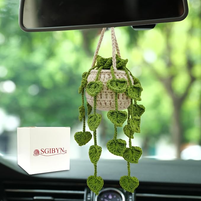 Crochet Hanging Plant for Car,Car Decorations Interior,Plant Aesthetic Car Accessories for Women Interior Cute,Car Ornaments Charms for Rear View Mirror,Boho Car Decoration Gifts