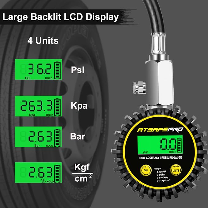 Digital Tire Pressure Gauge, Tire Pressure Gauge with Flexible Hose and Angled Chuck, Tire Pressure Gauge for Cars,Air Pressure Gauge - Professional Accuracy - 200 PSI