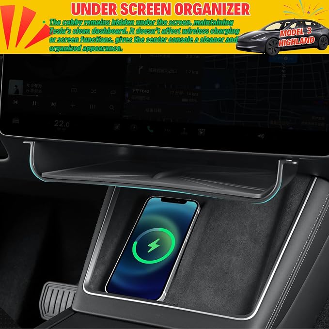 Under Screen Storage for Tesla Model Y Juniper & Model 3 Highland | Center Console Organizer Tray Hanging Compartment, Hidden Cubby, Durable ABS with Anti-slip Pad, Expanding Storage Space
