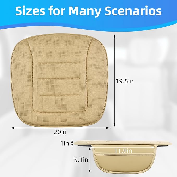 Car Seat Cushion, Comfort Memory Foam Car Cushions for Driving, Breathable Leather Surface with Anti Slip Rubber Bottom, Seat Cushion for Car and Office Chair (1 Pack, Beige)