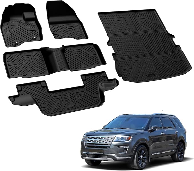 Floor Mats & Cargo with Backrest Mat for Ford Explorer 2015-2019 7 Seats All Weather Protector TPE Easy Clean Car Floor Liner Custom Fit for 5-pc Full Set Black