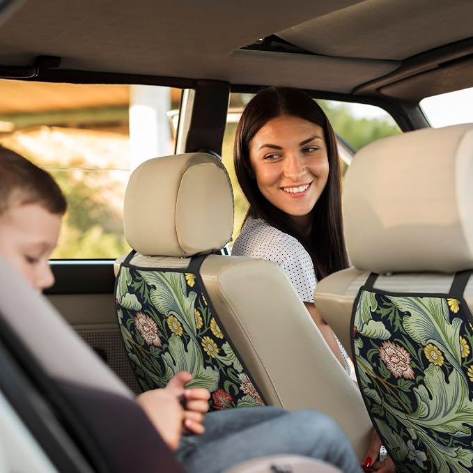 William Morris Green Floral Car Seat Back Kick Protectors Kick Mats With Storage Pockets For Vehicles To Protect From Dirt Mud Scratches 2 Pack