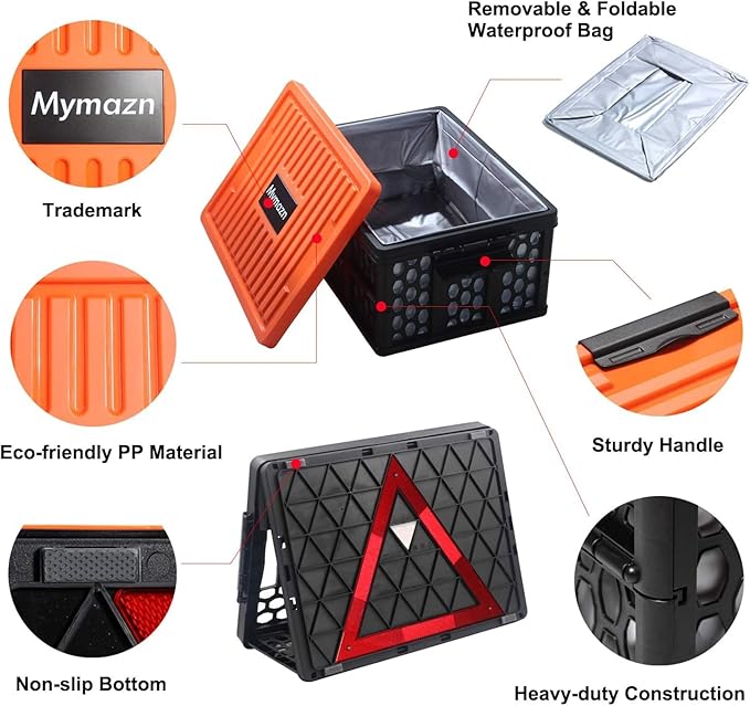 Trunk Organizer Plastic for Car, Orange | Collapsible Crate Storage, With Lid, Waterproof Bag, Optional Insulated Cooler, For SUV, Groceries, Camping
