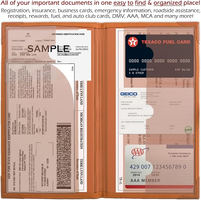 Registration and Insurance Card Holder - Car Organizer - Orange | Vehicle Glove Box Document Organizer, Auto Essential Paperwork Holder for Contact Information Cards, Interior Car Accessories