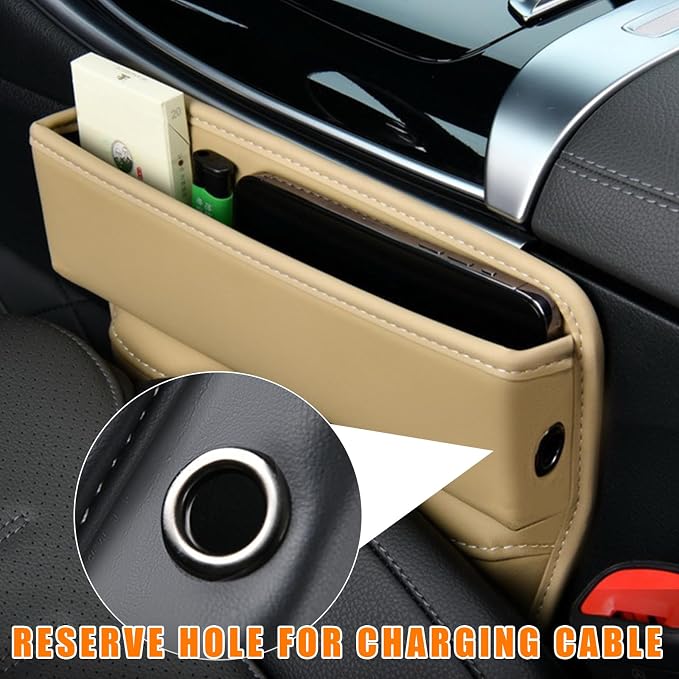 Car Seat Gap Organizer, Premium Leather Auto Seat Storage Box, Vehicle Adjustable Front Seat Gap Filler, Car Seat Side Pocket Organizer for Phones, Glasses, Keys, Money, Cards (Beige)