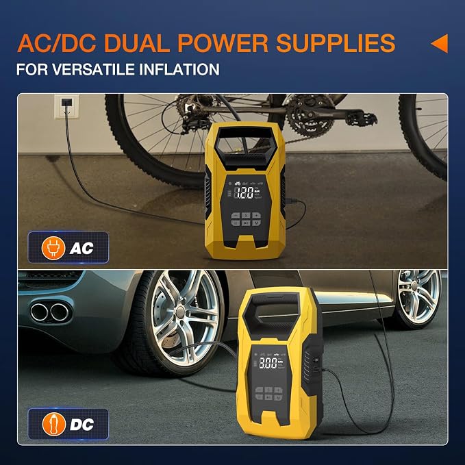AC/DC Tire Inflator Portable Air Compressor Dual Power Supply 110V AC 12V DC 150PSI Fast Inflation Heavy Duty with LED Light Pressure Gauge Auto Shutoff Pump for Car Motorcycle Bicycle Ball