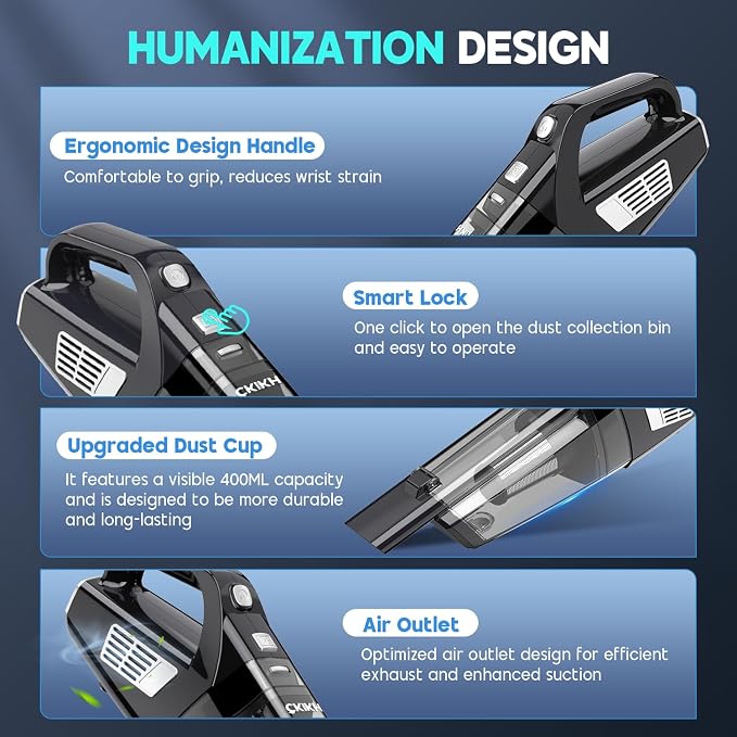 Handheld Vacuum Cordless, 15000PA Strong Suction Hand Held Car Vacuum Cleaner Portable with Multi-Nozzles & Washable Filter, Lightweight Rechargeable Vacuum Cleaner for Home, Car, Office, Pets
