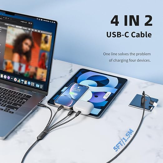 USB C Splitter Multi Charging Cable 1 Pack,USB A/C to USB C Charging Cord,Dual Type C Charger Cord,4 in 2 Multi Charger Cord with 4 Type-C Connectors Compatible with iPhone16/15/Cell Phones Tablets.