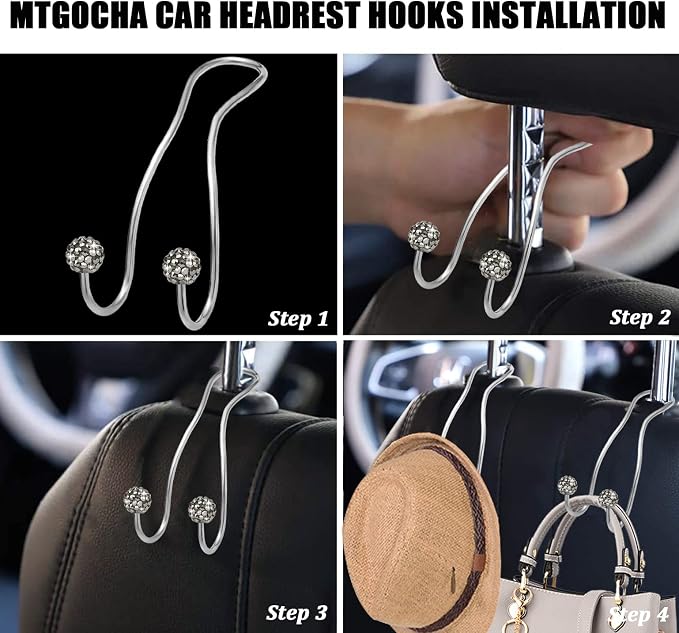 Bling Purse Hook for Car Headrest, Upgraded Cute Car Seat Hooks for Bag Handbag, Durable Stainless Auto Purse Hanger Holder 2 Pack, Grey