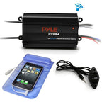 Pyle Marine 4-Channel Bluetooth Waterproof Amplifier Bundle Combo with 4X 6.5 Waterproof Weather Resistant 240W Peak Black Audio Speakers, Amp Install Kit, 18-G 50 Ft Speaker Wire