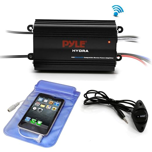 Pyle Marine 4-Channel Bluetooth Waterproof Amplifier Bundle Combo with 4X 6.5 Waterproof Weather Resistant 240W Peak Black Audio Speakers, Amp Install Kit, 18-G 50 Ft Speaker Wire