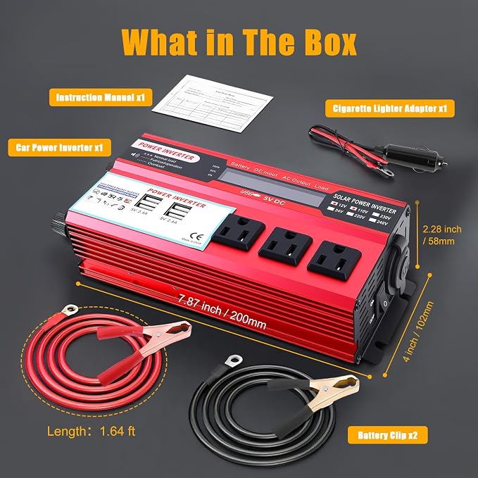 1000W Peak Power Inverter 12V DC Volt to 110V AC Car Inverter with LCD Screen Display, 3 AC Outlets, 4X 2.4A USB Port, Car Power Converter for Truck, Home, Vehicles, Laptop, Trip