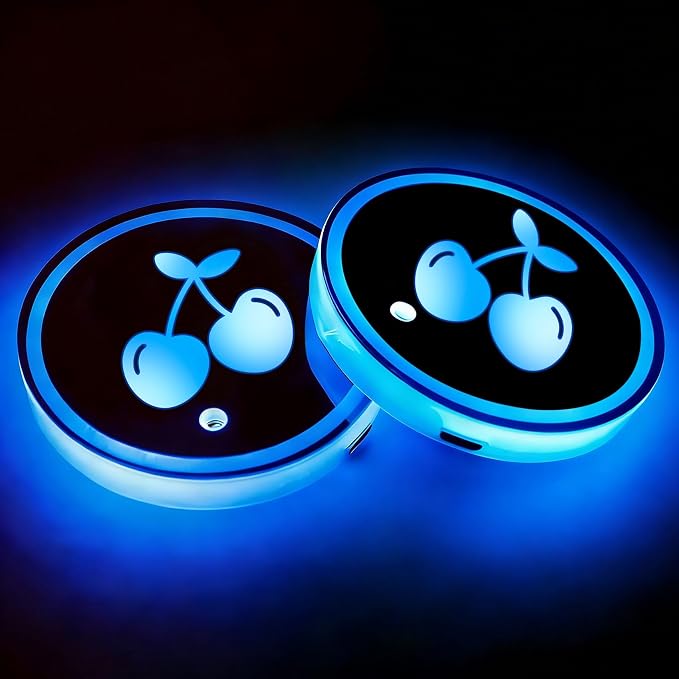 2Pcs Cherry LED Car Cup Holder Coasters 7 Colors 3 Modes Lights Up Cups | with USB Charging of Car Accessories for SUV Trucks Sedans, Waterproof Interior Atmosphere Lamp, Cherry Gifts for Women Men