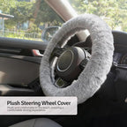Fluffy Steering Wheel Cover 3PCS Set – Plush Fuzzy Fur Steering Wheel Cover with Gear Shift Cover & Handbrake Cover, Winter Warm Car Accessories, Car Interior Accessories for Women (Gray)