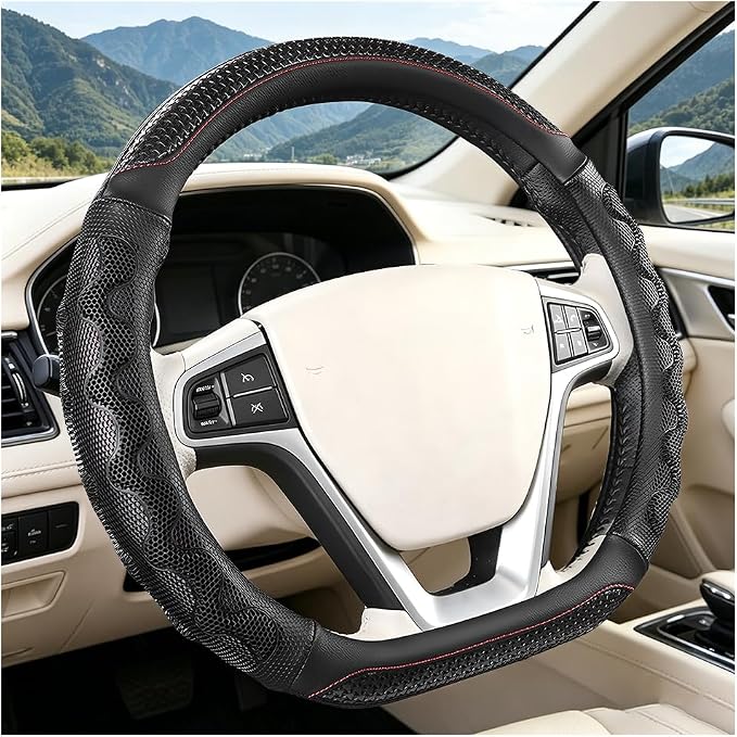 D-Shaped Car Steering Wheel Cover, 14.5-15" Anti-Slip Steering Wheel Protector with 3D Honeycomb Massage Grip, Comfortable Sporty Auto Interior Decor Accessories, Universal Fit (Black)