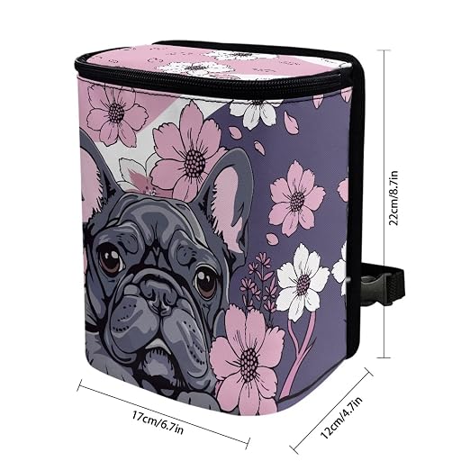 French Bulldog Cherry Blossom Print Car Trash Can with Lid, Leak Proof Auto Trash Bag Hanging Vehicle Garbage Can Multipurpose Storage Container for Back Seat Road Trip