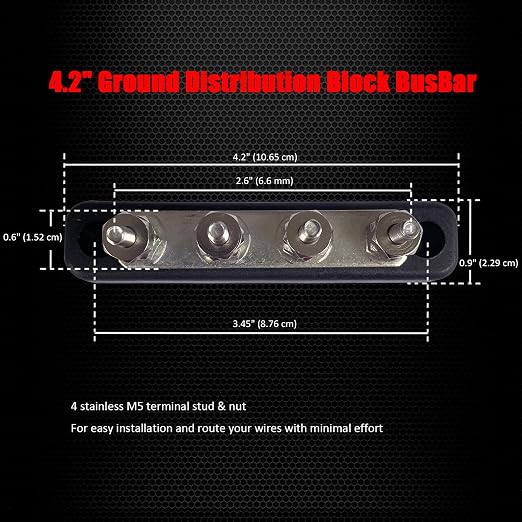 4 x #10 (M5) Studs Bus Bar, 4.2" Ground Distribution Block Brass Battery BusBar Junction with Cover for Auto Boat Amplifier and More (Black)