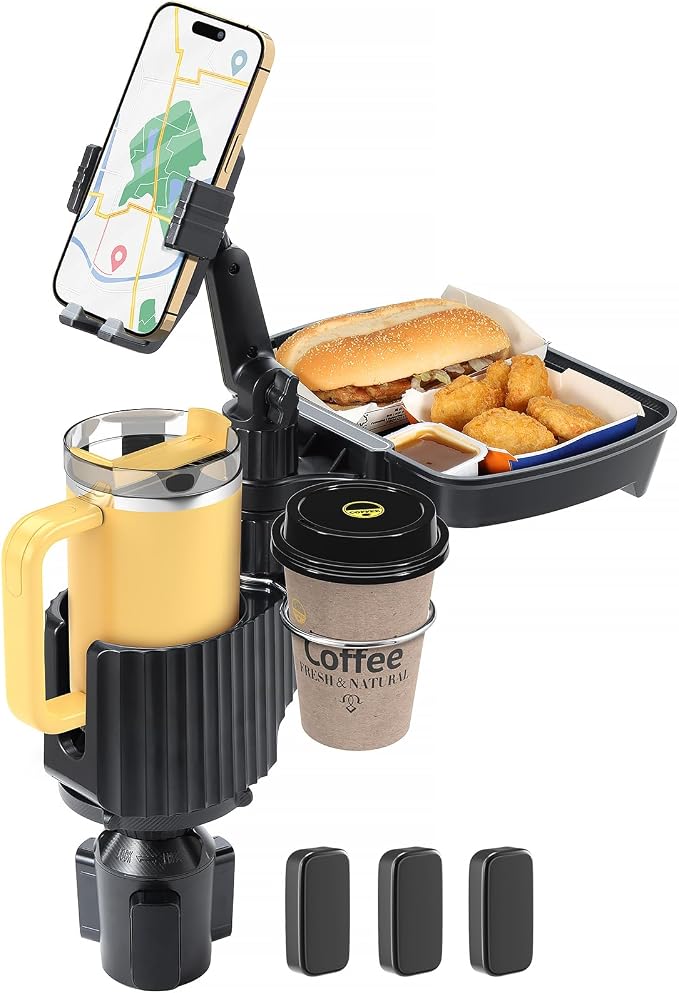 Car Large Cup Holder Expander, 4-in-1 Cupholder Extender with Phone Holder & Swivel and Detachable Snack Food Tray Table for Eating, Travel Essentials for Road Trips for Driver. Model F