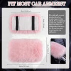 Furry Armrest Cover Auto Center Console Cover Car Soft Console Pad, Real Sheepskin Wool Soft Fluffy Auto Center Armrest Pad for Most Car Decoration Protector(Light Pink)