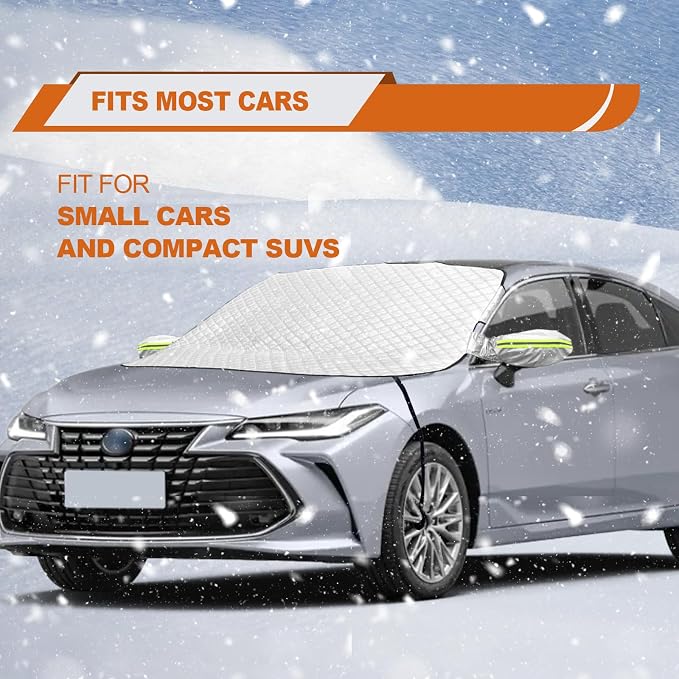 Car Windshield Snow Cover with Side Mirror and Hook, Winter Magnetic Windshield Sun Shade Foldable, Windshield Cover for Ice and Snow, Fit for Small Sedan, Compact SUV, (58"x47") Silver