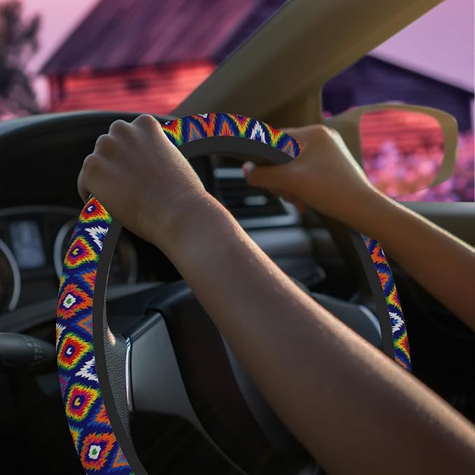 Colorful Ethnic Geometric Steering Wheel Cover for Women Men Neoprene Breathable Wheel Cover Protector Anti-Slip Car Accessories Universal 15 Inch Fit for Cars Trucks Vehicles