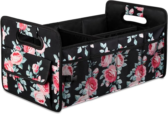 Car Trunk Organizers and Storage Collapsible Multi Compartment Container Box, Adjustable Car Accessories for SUV Sedan Truck, Standard Size, Black Floral