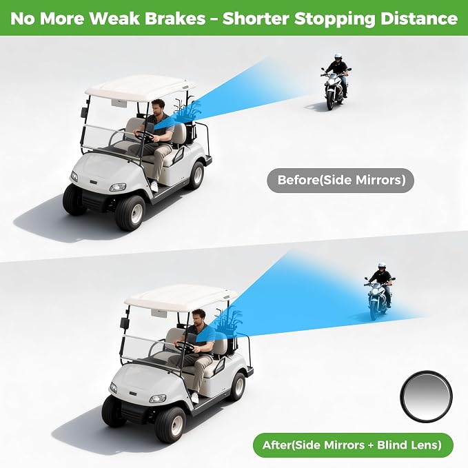 Golf Cart Mirror No Drilling Side Mirrors with Blind Spot Mirrors Universal for Yamaha, Club Car, EZGO, Folding Side Rear View Mirrors Adjustable 180 Degree HD Glass