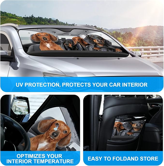 4 Dogs Foldable Windshield Snow Cover, Reflective Accordion Car Windshield Snow Cover, Sun Visor for Car Windshield, Ultimate Heat & UV Protection, Suitable for Most Cars, 57.1" L x 27.6" W