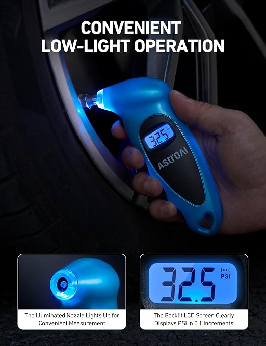 Digital Tire Pressure Gauge 0-150PSI Calibrated to ANSI B40.7 +/-1PSI, Accurate in 0.1 Increments, Tire Repair Tools 4 Pressure Measurements for Car Truck with Backlight LCD, Blue