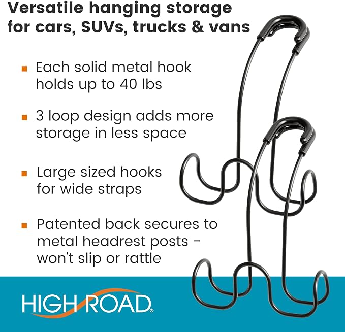 Metal Car Hooks for Purse and Bags - Unbreakable Headrest Car Hooks for Large Purse Straps and Heavy Bags up to 40 lbs - Secure Attachment Loops Fit All Headrest Posts (Triple Hook 2-Pack)