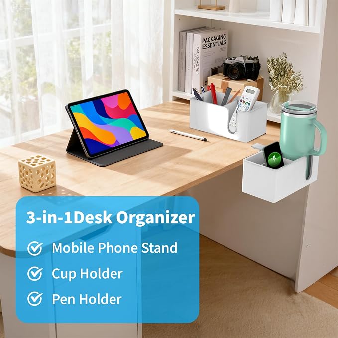 3-in-1 Desk Organizer - Large Desk Cup Holder Clamp, Pencil Holder and Phone Stand - Detachable Anti-Spill Table Cup Holder, Office & PC Gaming Desk Accessories for Cup, Phone and Pen (White)
