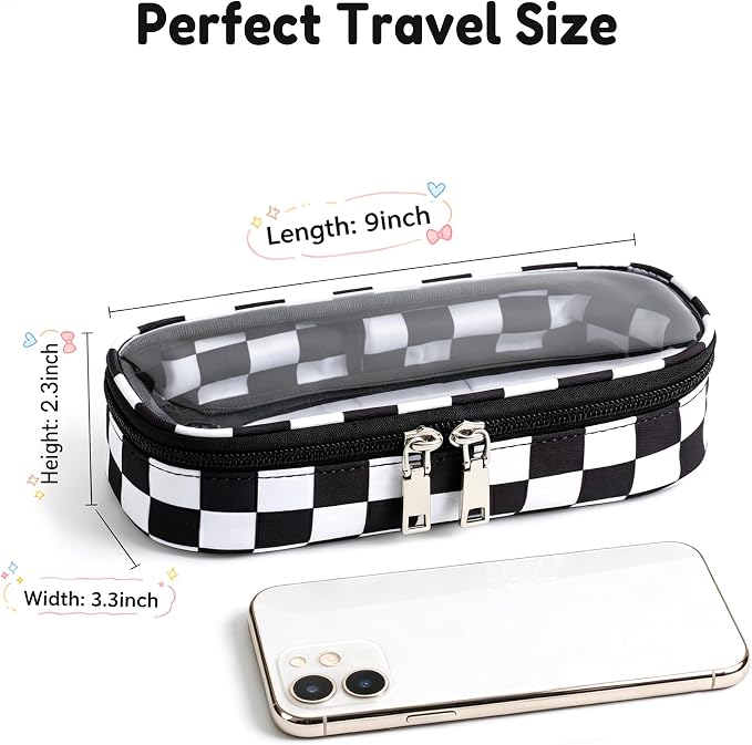 Preppy Checkered Clear Travel Makeup Brush Holder,Black and Beige Checkered Makeup Brush Toiletry Bag, Portable Cosmetic Brush Case,Transparent Waterproof Makeup Brush Storage Bag