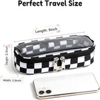 Preppy Checkered Clear Travel Makeup Brush Holder,Black and Beige Checkered Makeup Brush Toiletry Bag, Portable Cosmetic Brush Case,Transparent Waterproof Makeup Brush Storage Bag