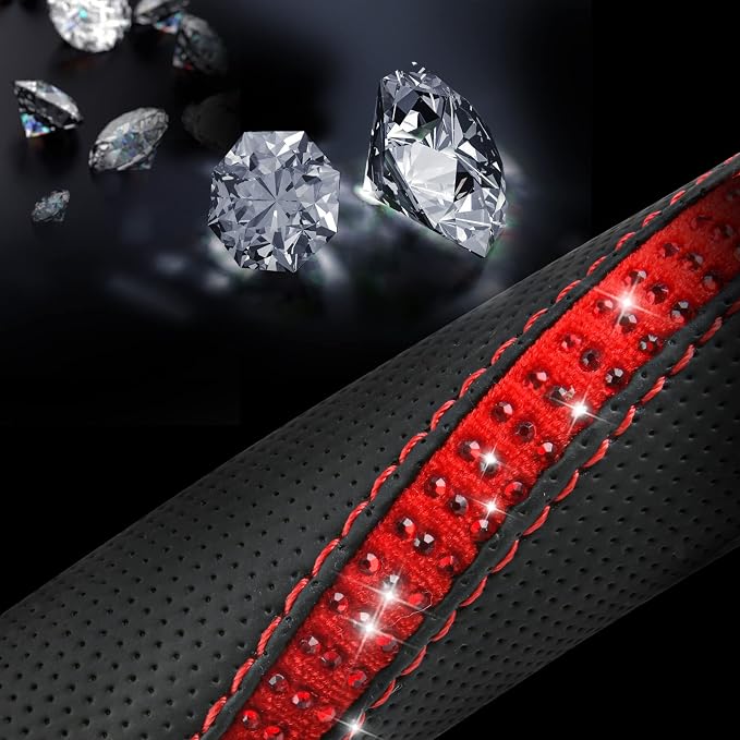 Bling Diamond Black Leather Steering Wheel Cover, Studded Crystal Rhinestones Universal Fit 14" 1/2-15" Glitter for Women Sparkle Girl Fit Suvs,Vans,Sedans,Car,Trucks, Red Diamond